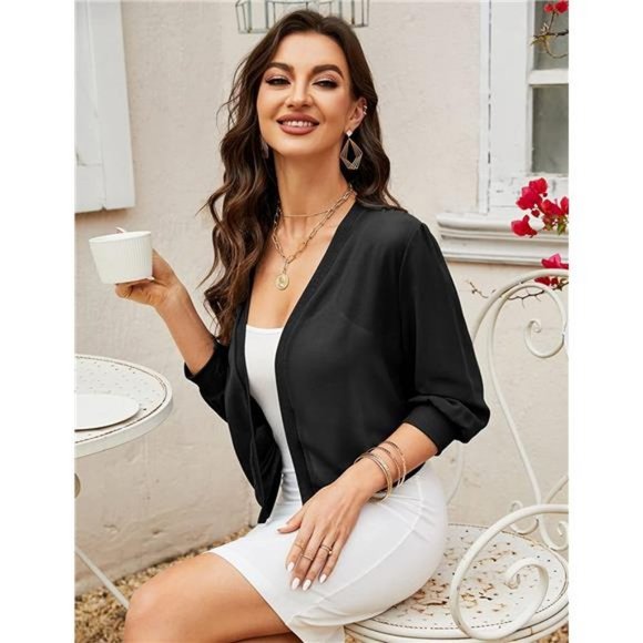 NEW Chiffon Open Front Bolero Cardigan Mesh Sheer Shawl, A2-black - Picture 5 of 6